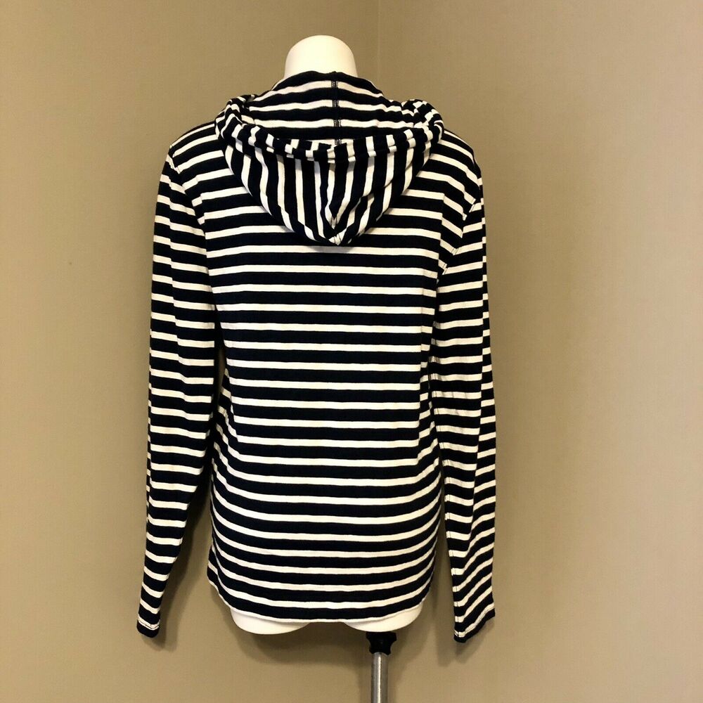 J. Crew Hooded Pullover Small Navy Blue White Stripe Front Pouch Pocket Loose - Picture 3 of 11